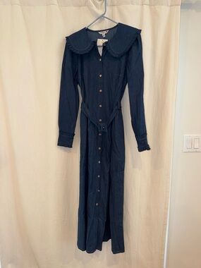 LK Bennett Navy Button-Front Maxi Dress with Belt and Statement Collar